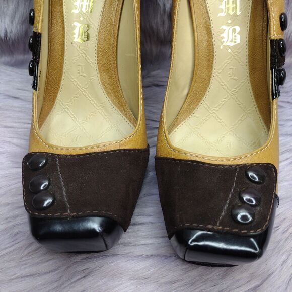L.A.M.B. Leather Tuxedo Platform Pump Shoes Womens Size 6 Tan Brown Black - Picture 2 of 10
